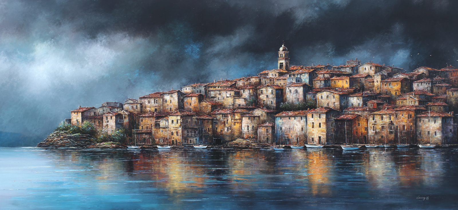 Bronze Anthrazit Terrakotta Küstendorf Mit Historischer Architektur Wasser Reflektion Dramatische Atmosphäre | Gruen Rosa Orange Lila | Farbenwelten