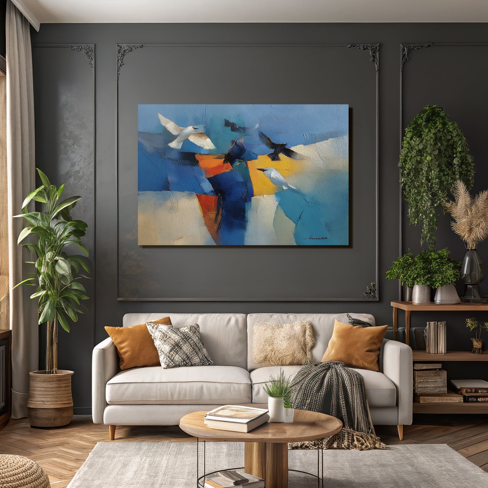 Bronze Anthrazit Terrakotta Stylisierte Vögel Im Flug Lebendige Farben Abstrakte Kunst