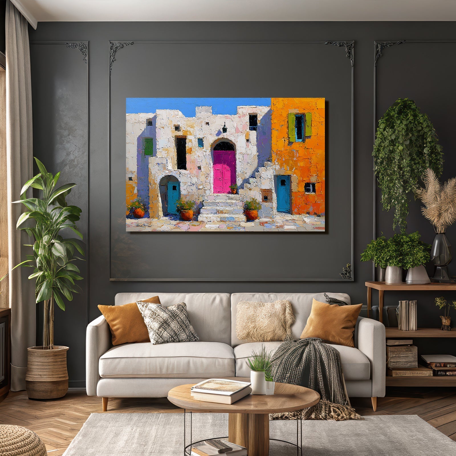 Vibrante Mediterrane Stil Bau Mit Pinkem Tür Und Pflanzen
