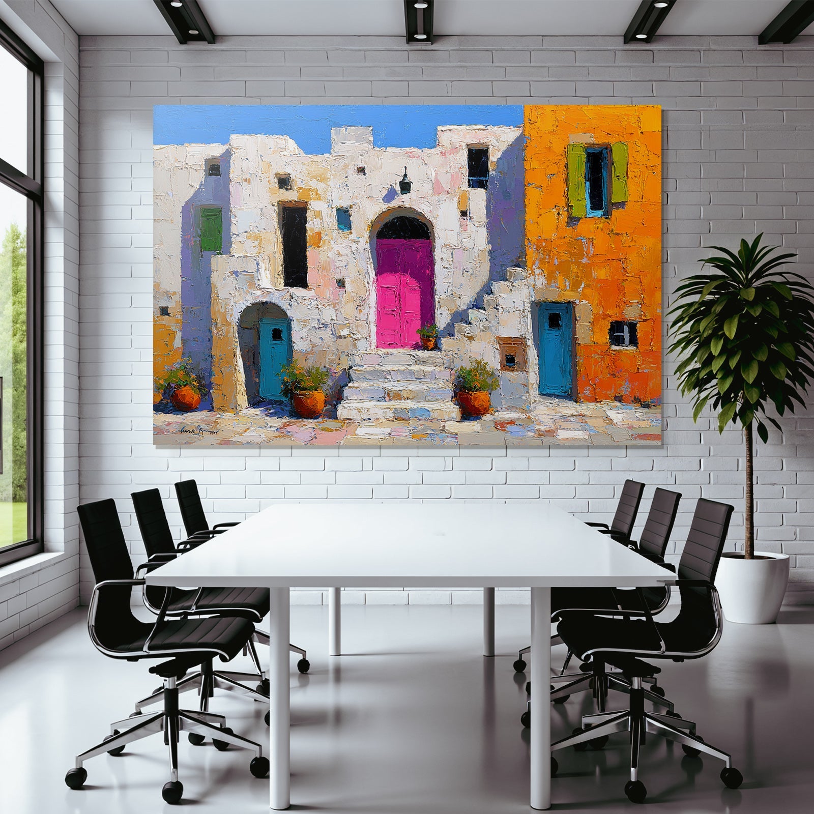 Vibrante Mediterrane Stil Bau Mit Pinkem Tür Und Pflanzen