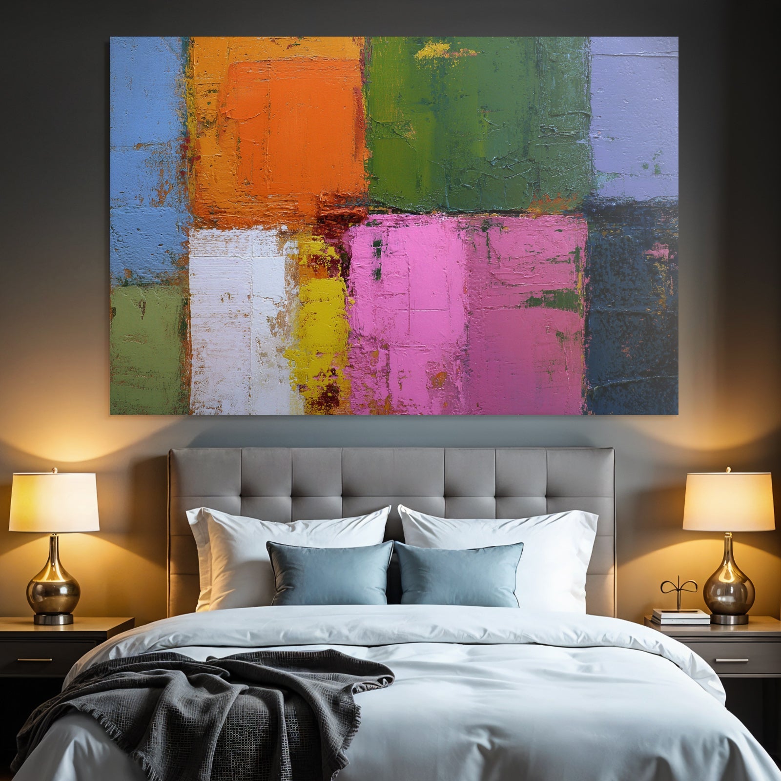 Abstrakte Kunst Mit Farbblocken Orange Grun Pink Lila Und Weiss