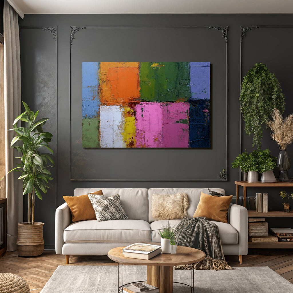 Abstrakte Kunst Mit Farbblocken Orange Grun Pink Lila Und Weiss