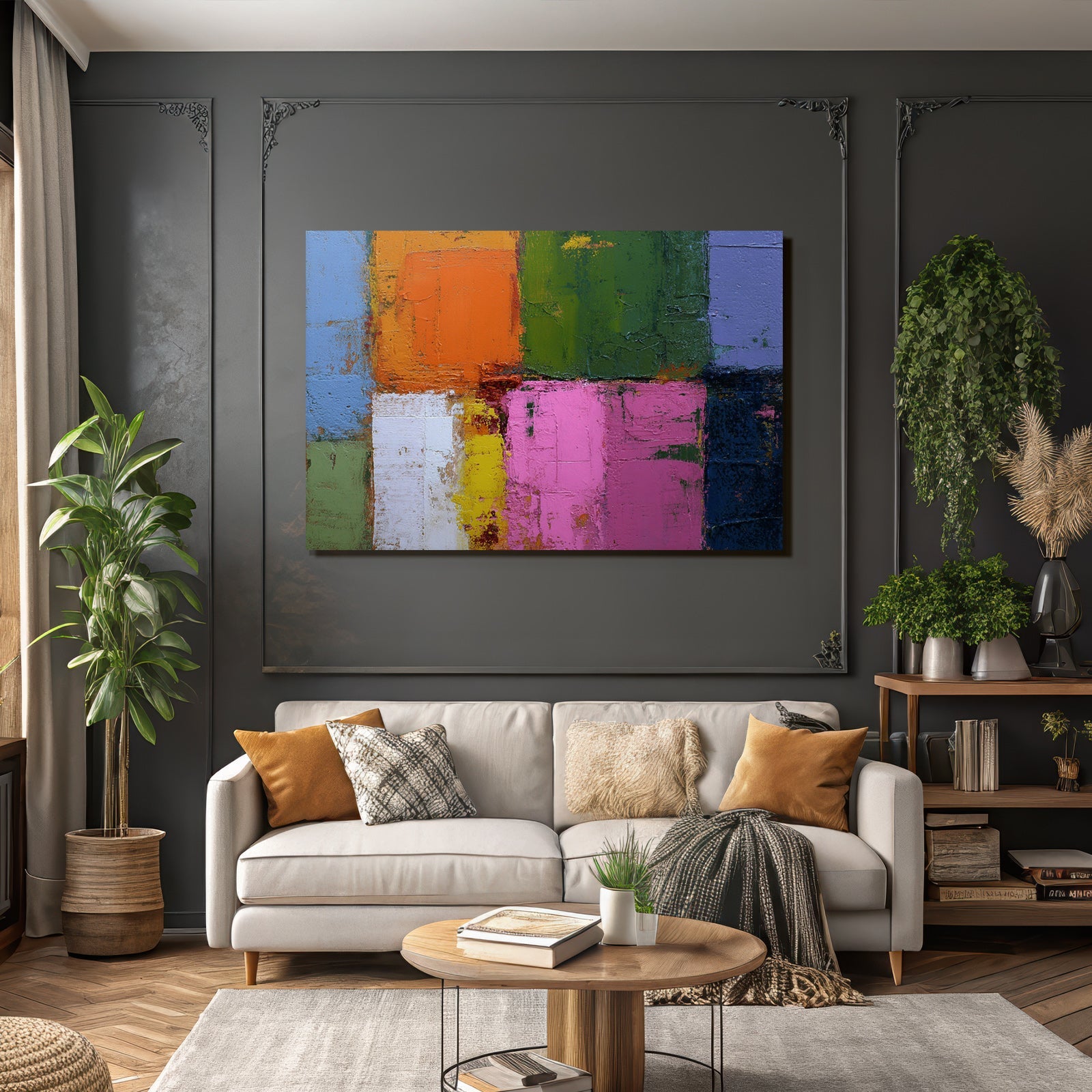 Abstrakte Kunst Mit Farbblocken Orange Grun Pink Lila Und Weiss