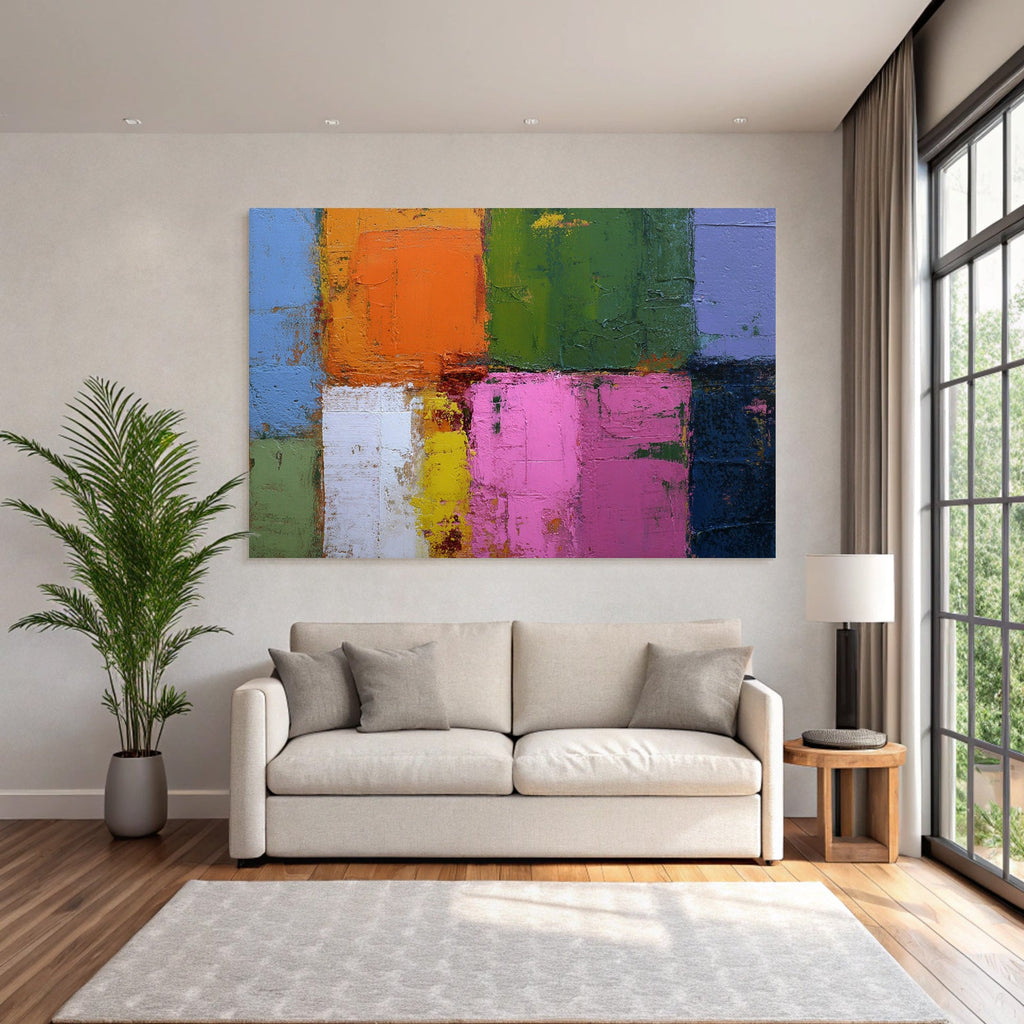 Abstrakte Kunst Mit Farbblocken Orange Grun Pink Lila Und Weiss