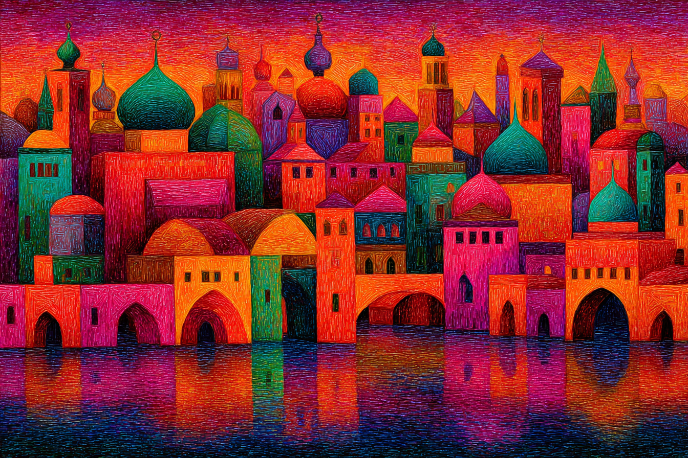Bunte Abstracte Stadtlandschaft Mit Reflexionen | Gruen Rosa Orange Lila | Farbenwelten