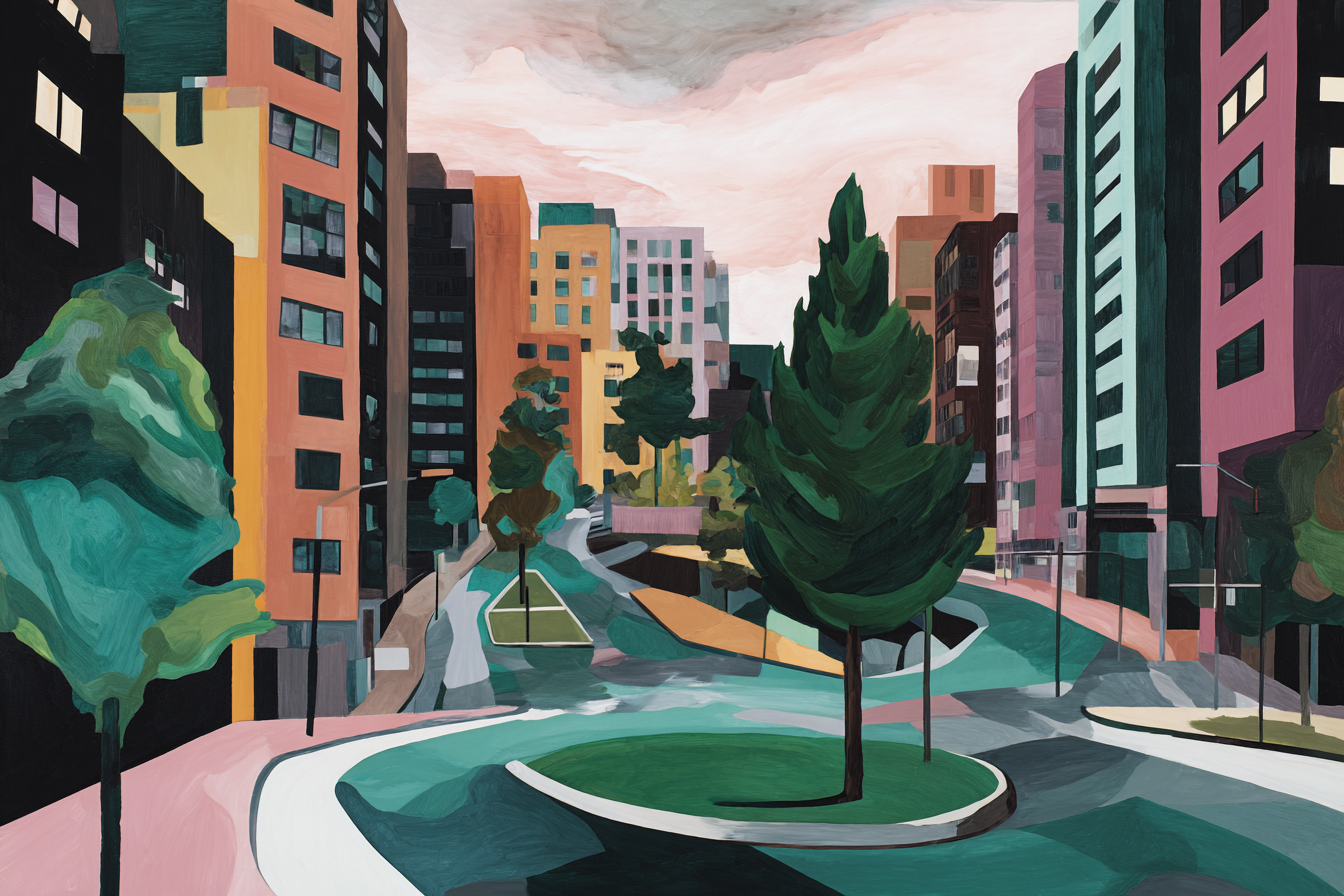 Bunte Abstrakte Stadtlandschaft Moderner Stadt Umgebung | Gruen Rosa Orange Lila | Farbenwelten