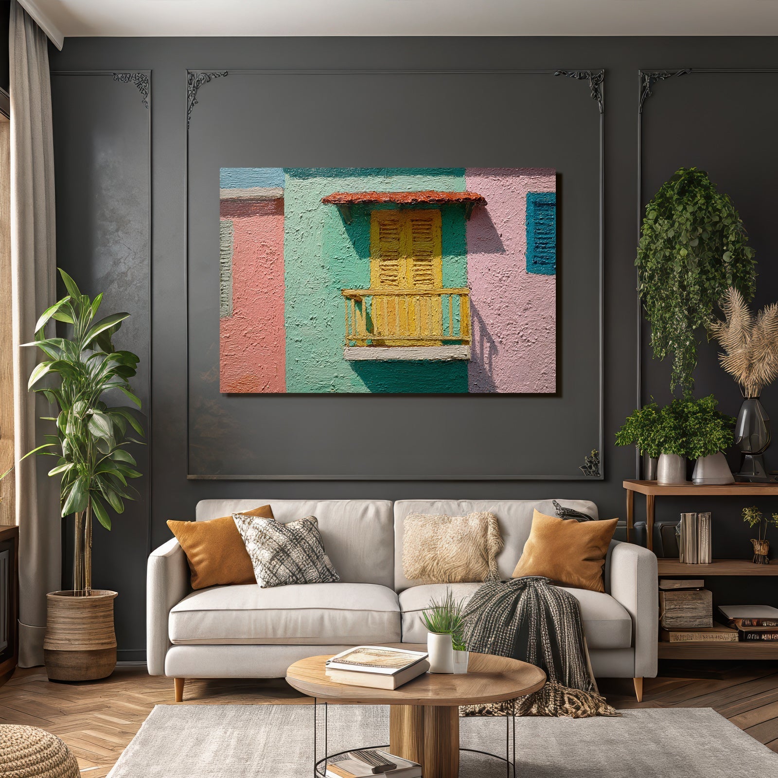 Bunte Architektonische Merkmal Balkon Mit Gelben Läden Pastellhintergrund