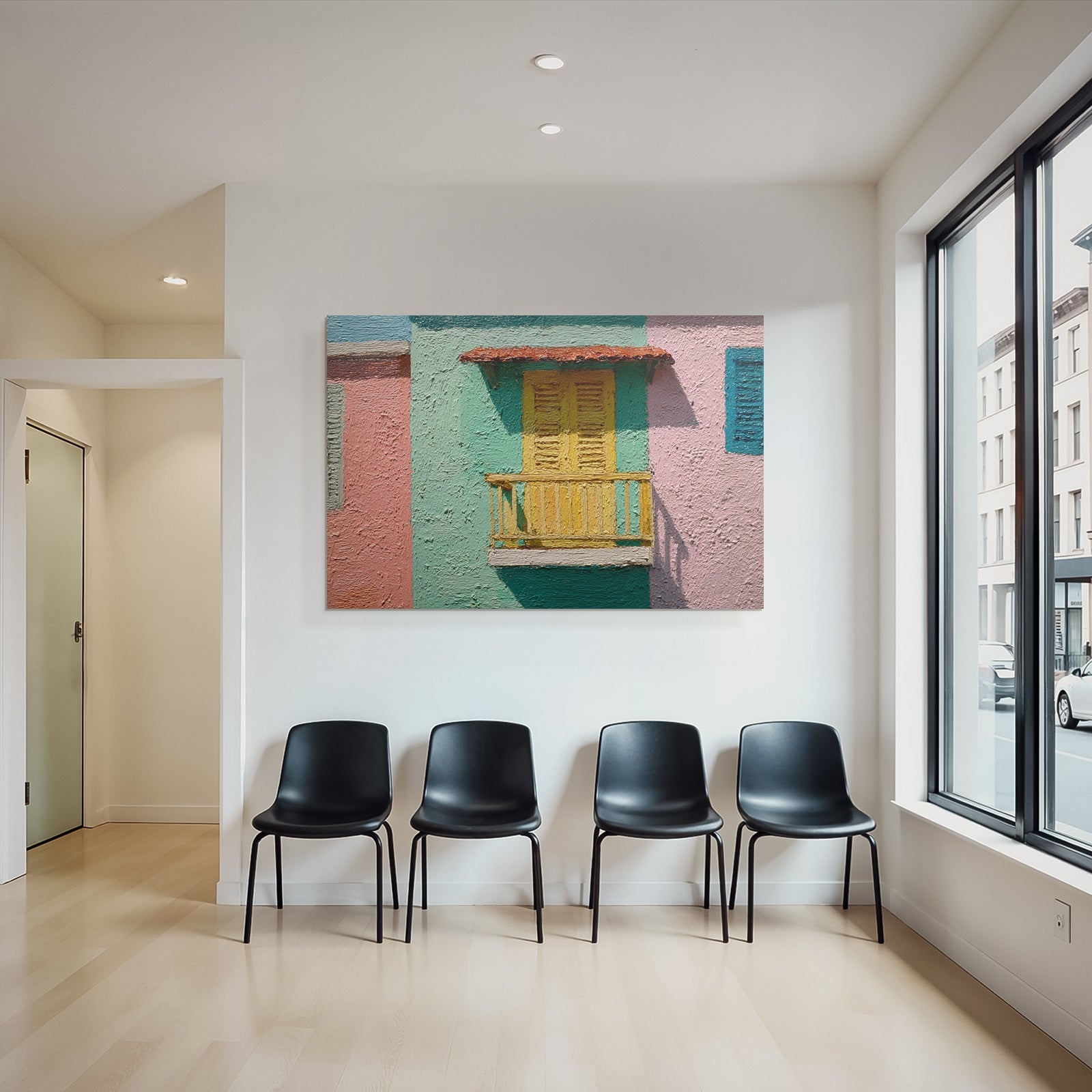 Bunte Architektonische Merkmal Balkon Mit Gelben Läden Pastellhintergrund