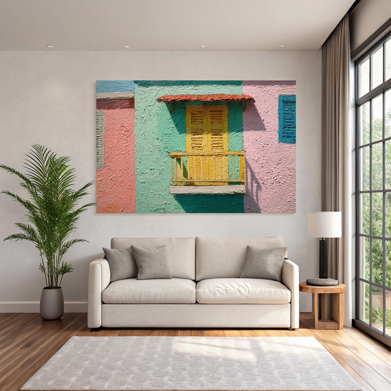 Bunte Architektonische Merkmal Balkon Mit Gelben Läden Pastellhintergrund
