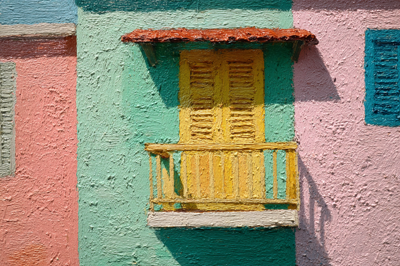 Bunte Architektonische Merkmal Balkon Mit Gelben Läden Pastellhintergrund | Gruen Rosa Orange Lila | Farbenwelten