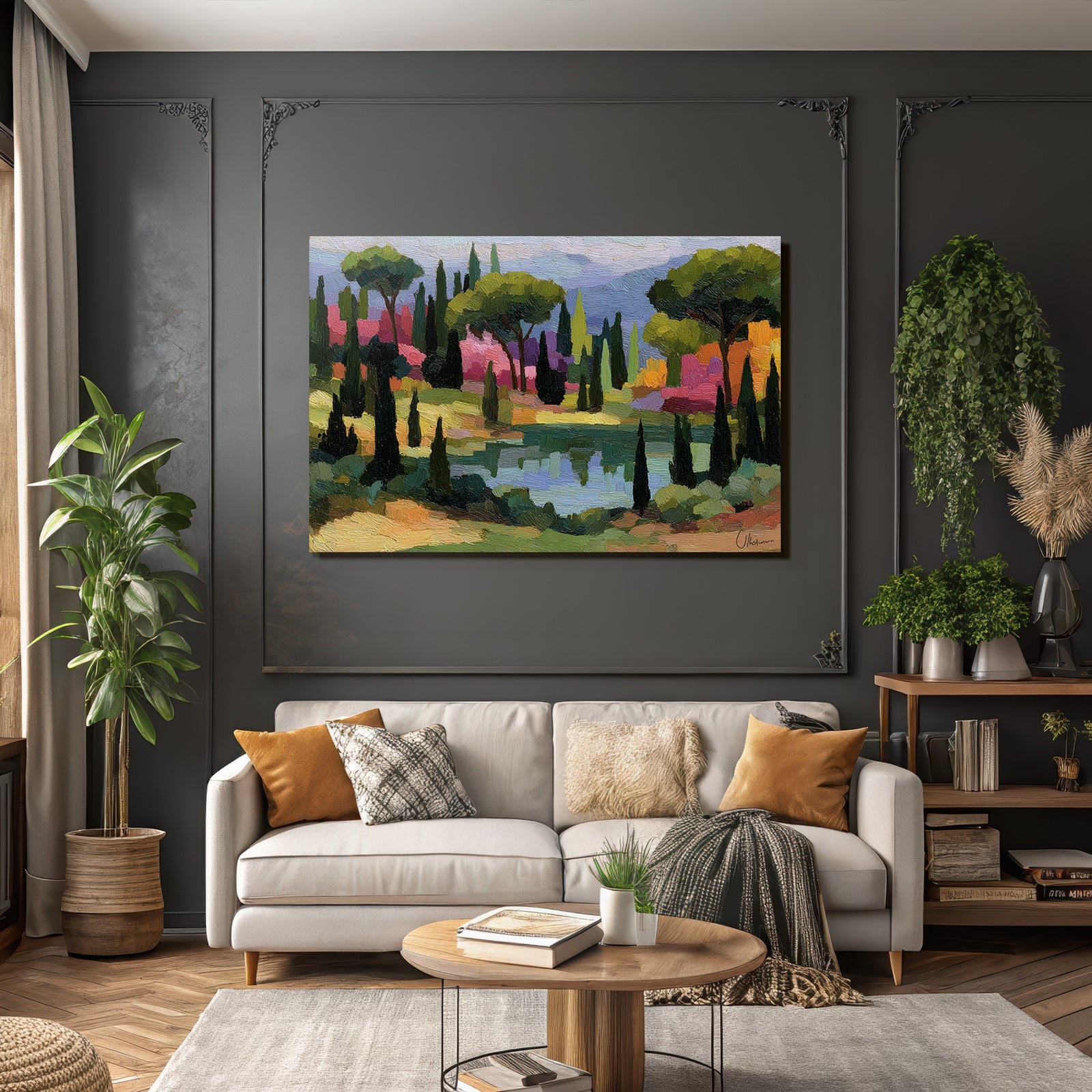 Bunte Impressionistische Landschaft Mit Bäumen Und Wasser