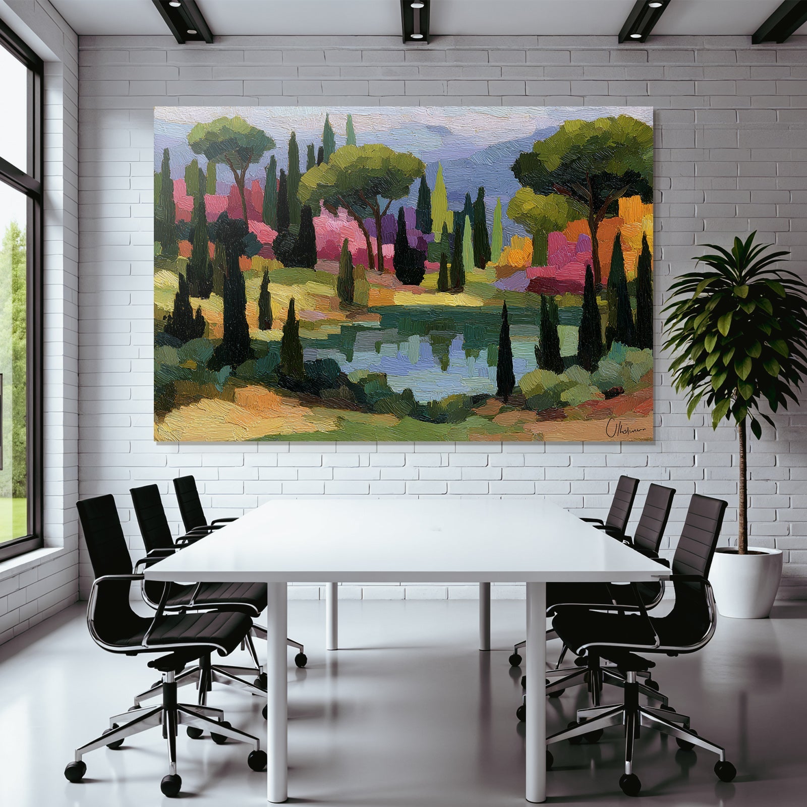 Bunte Impressionistische Landschaft Mit Bäumen Und Wasser
