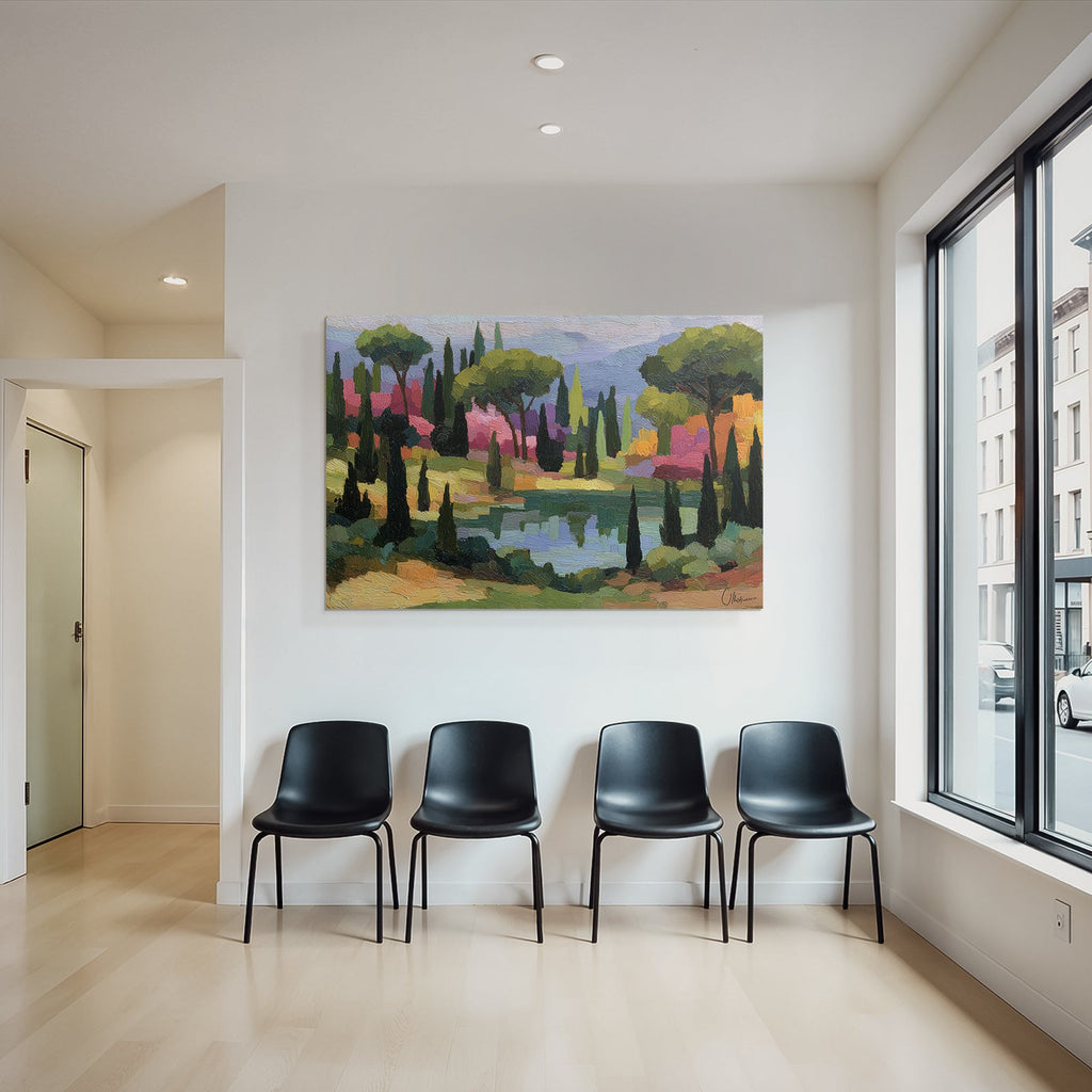Bunte Impressionistische Landschaft Mit Bäumen Und Wasser