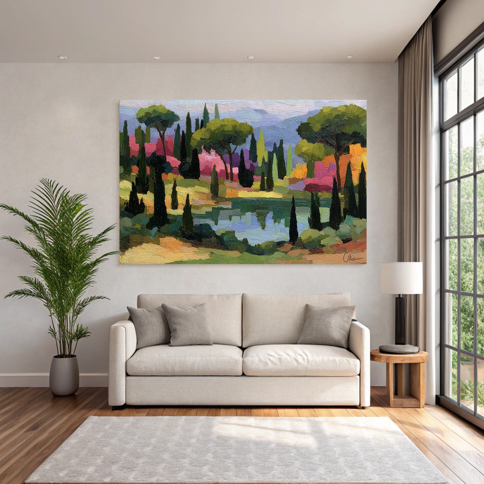 Bunte Impressionistische Landschaft Mit Bäumen Und Wasser