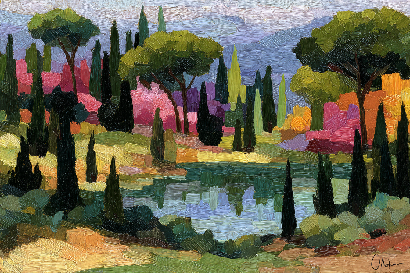 Bunte Impressionistische Landschaft Mit Bäumen Und Wasser | Gruen Rosa Orange Lila | Farbenwelten