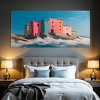 Bunte Kostenlandschaft Mit Quaint Bauten Und Meerwellen