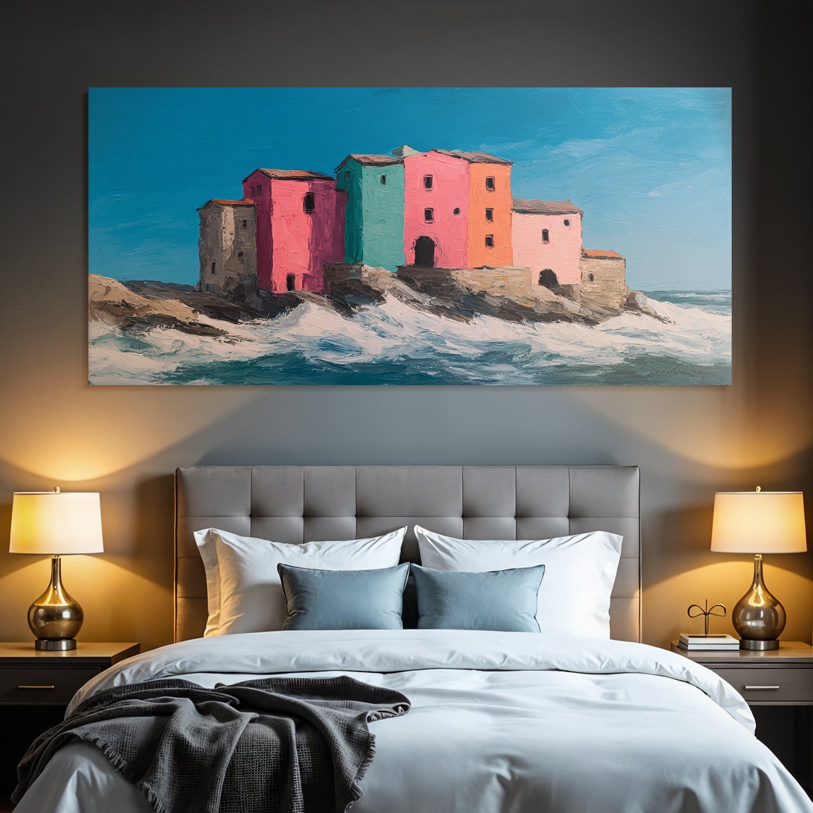Bunte Kostenlandschaft Mit Quaint Bauten Und Meerwellen