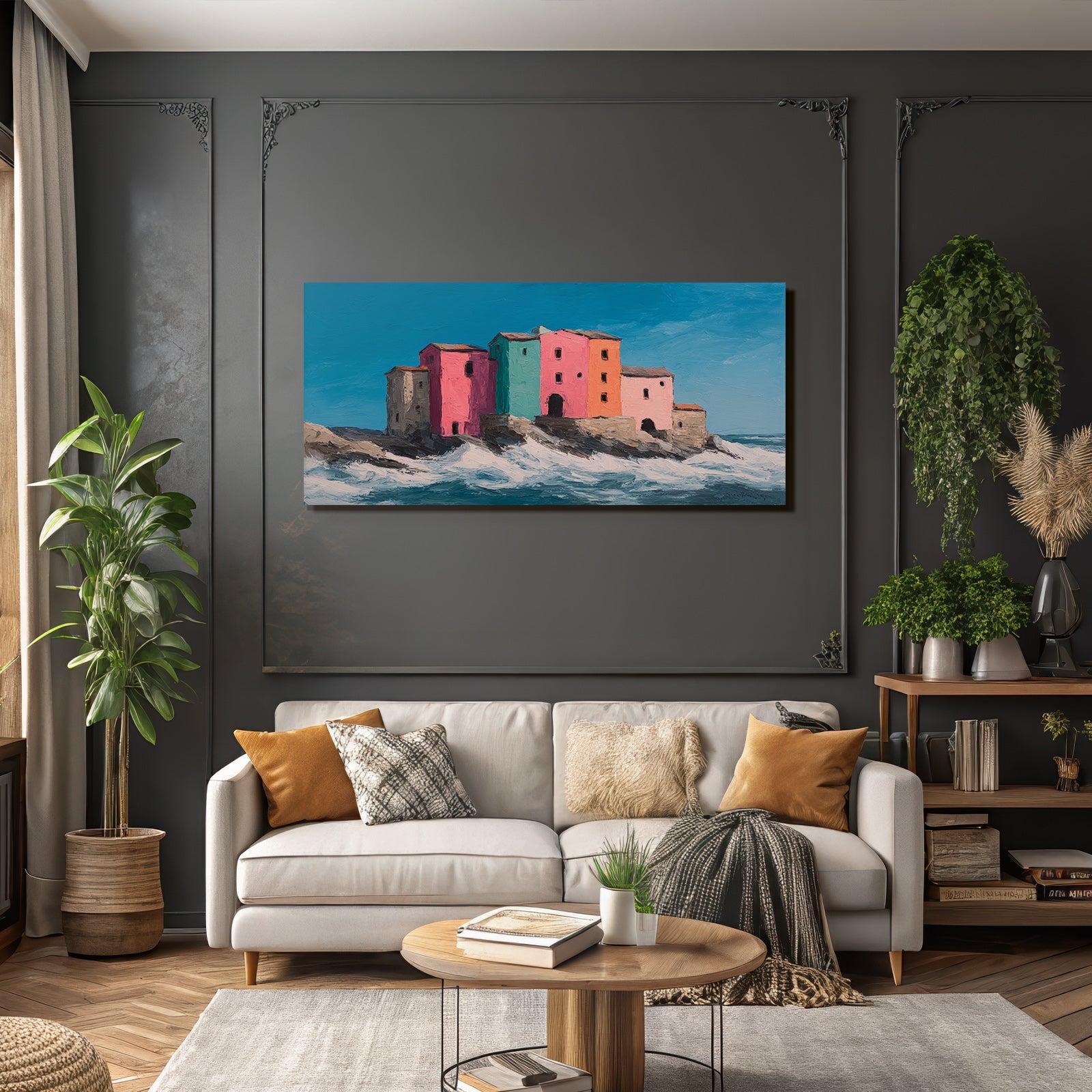 Bunte Kostenlandschaft Mit Quaint Bauten Und Meerwellen