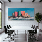Bunte Kostenlandschaft Mit Quaint Bauten Und Meerwellen