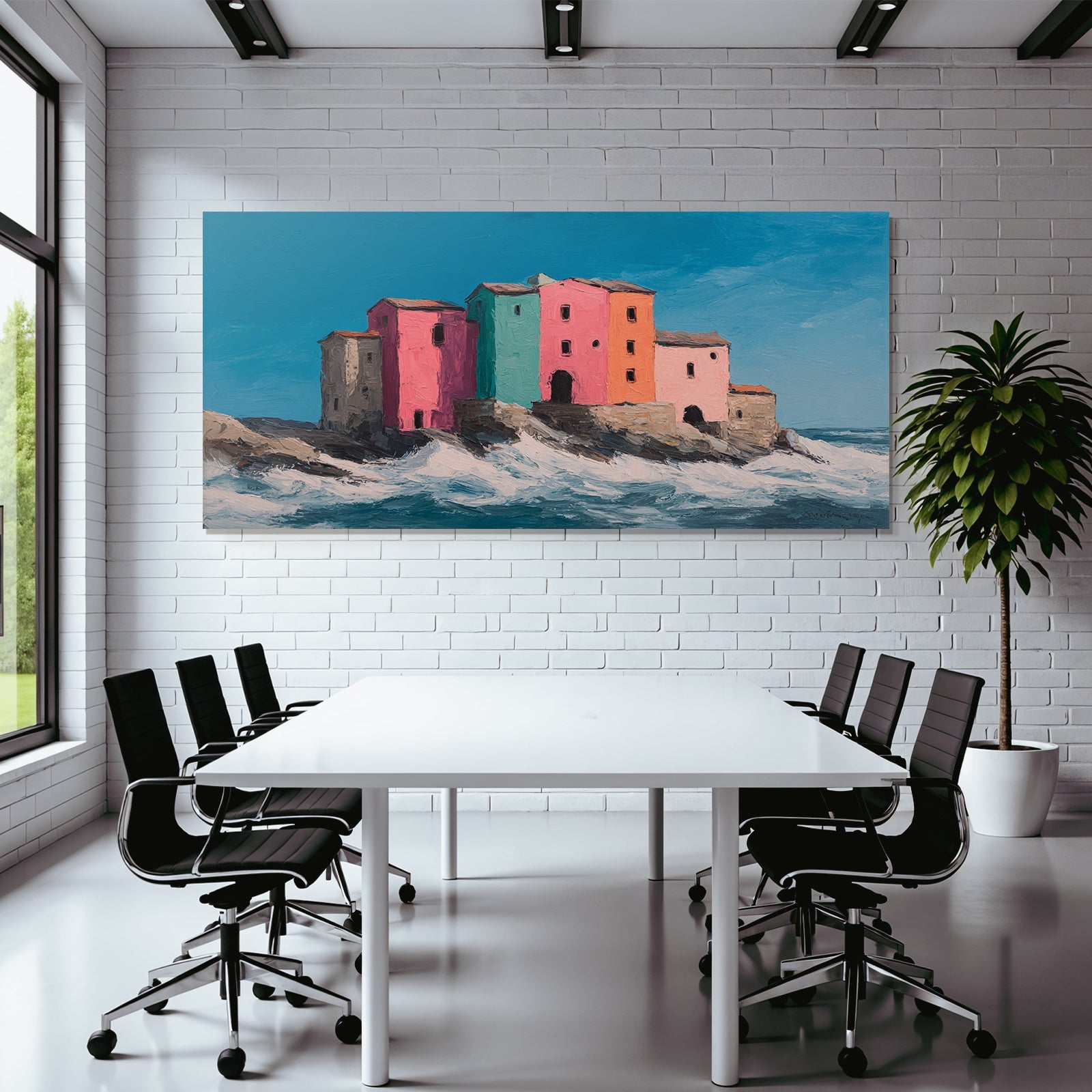 Bunte Kostenlandschaft Mit Quaint Bauten Und Meerwellen