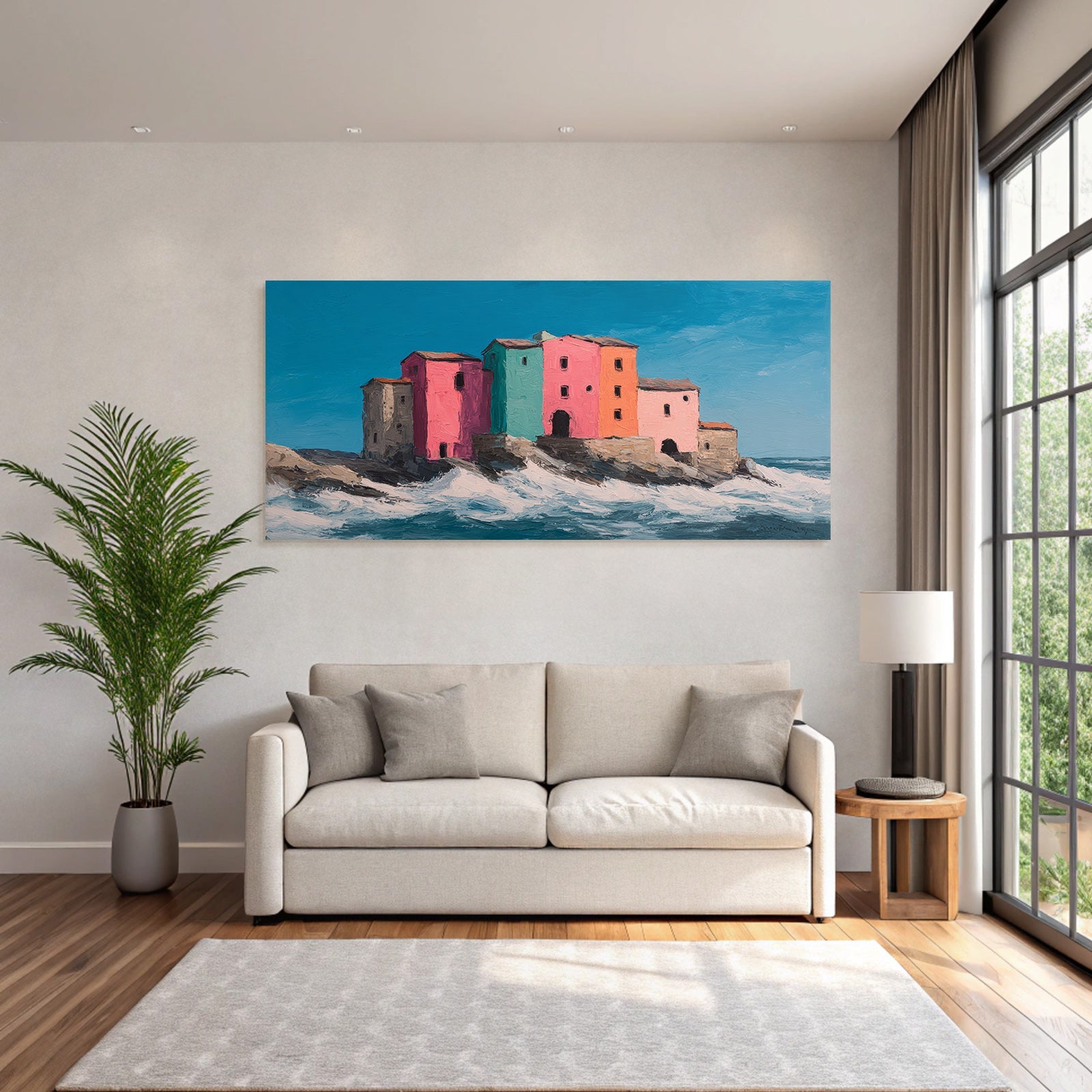 Bunte Kostenlandschaft Mit Quaint Bauten Und Meerwellen