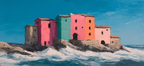 Bunte Kostenlandschaft Mit Quaint Bauten Und Meerwellen | Gruen Rosa Orange Lila | Farbenwelten