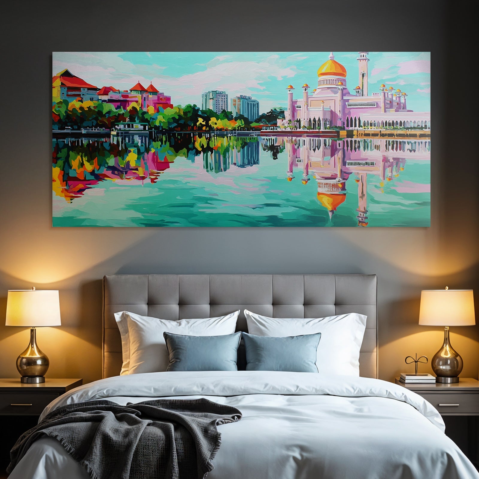 Bunte Kunstvolle Darstellung Einer Moschee Und Umgebung Reflektiert Im Wasser
