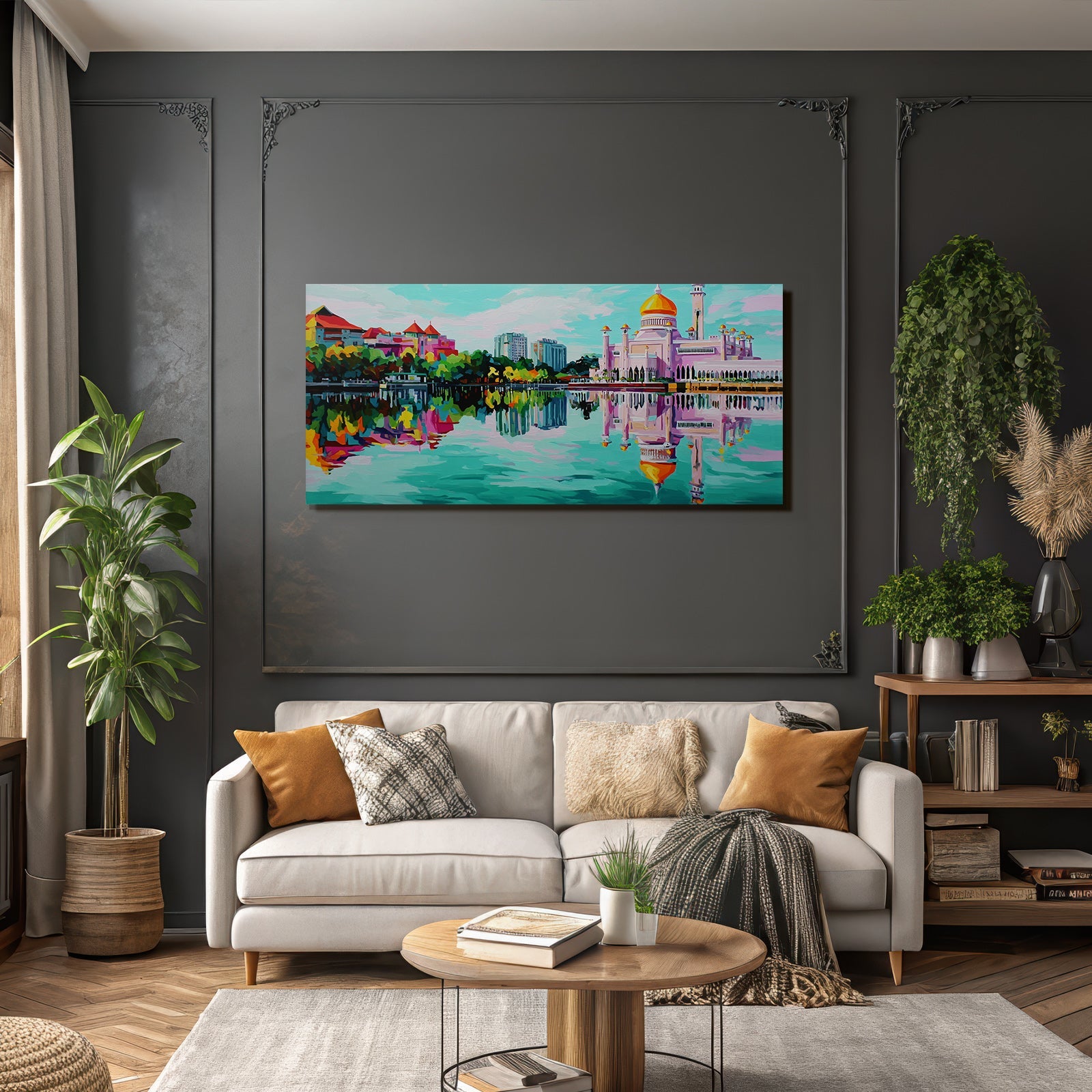 Bunte Kunstvolle Darstellung Einer Moschee Und Umgebung Reflektiert Im Wasser
