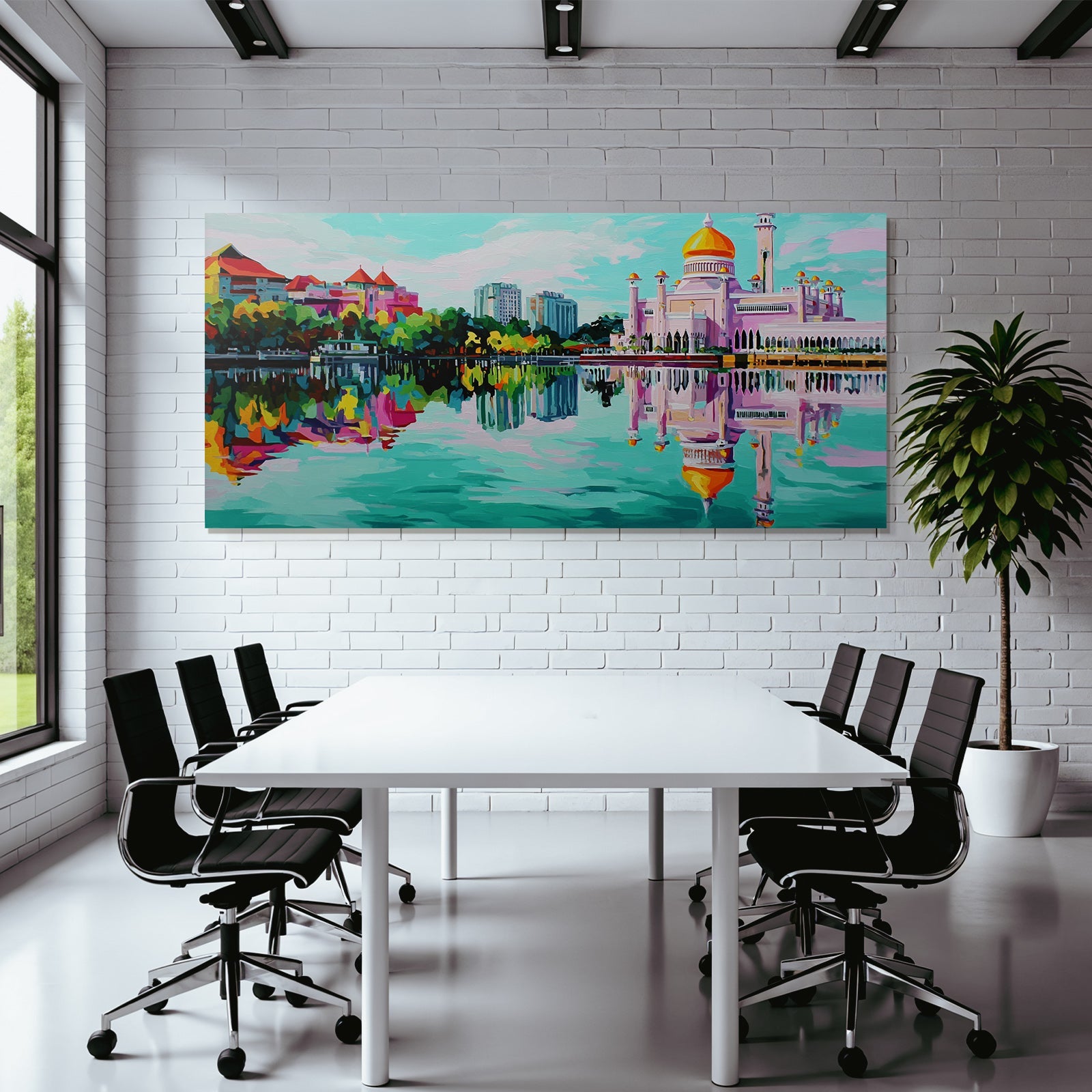 Bunte Kunstvolle Darstellung Einer Moschee Und Umgebung Reflektiert Im Wasser