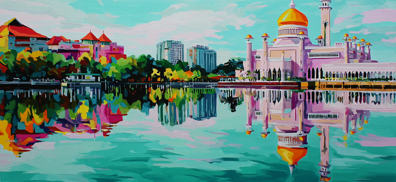 Bunte Kunstvolle Darstellung Einer Moschee Und Umgebung Reflektiert Im Wasser | Gruen Rosa Orange Lila | Farbenwelten