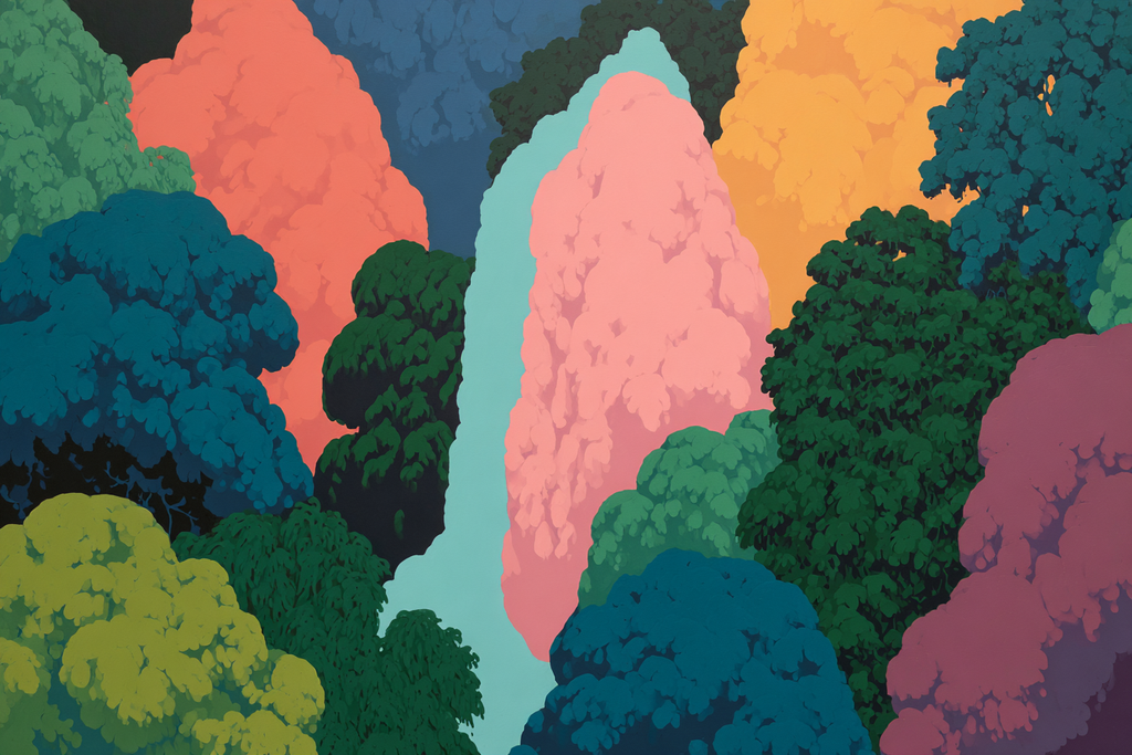 Bunte Landschaft Mit Fällen Und Bäumen | Gruen Rosa Orange Lila | Farbenwelten
