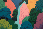 Bunte Landschaft Mit Fällen Und Bäumen | Gruen Rosa Orange Lila | Farbenwelten