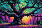 Bunter Baum Im Wald Impressionistische Darstellung Sonnenaufgang | Gruen Rosa Orange Lila | Farbenwelten