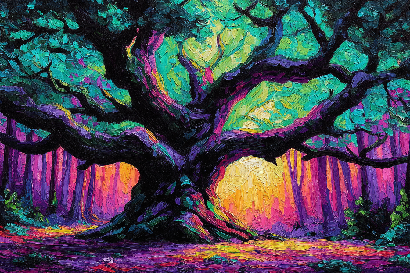 Bunter Baum Im Wald Impressionistische Darstellung Sonnenaufgang | Gruen Rosa Orange Lila | Farbenwelten
