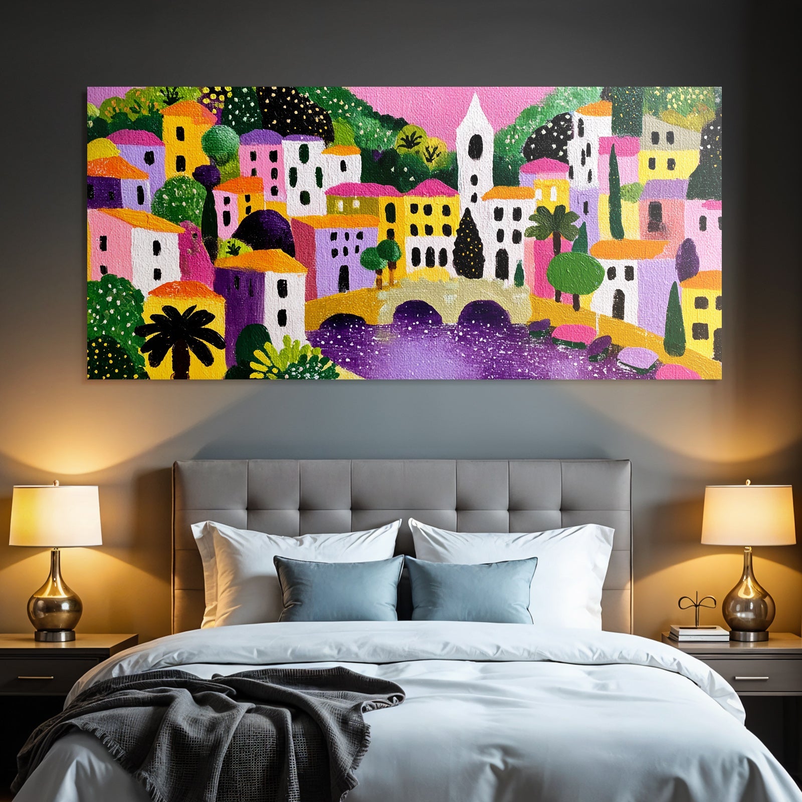 Buntes Dorf Szenenbild Mit Brücke Und Uhrturm