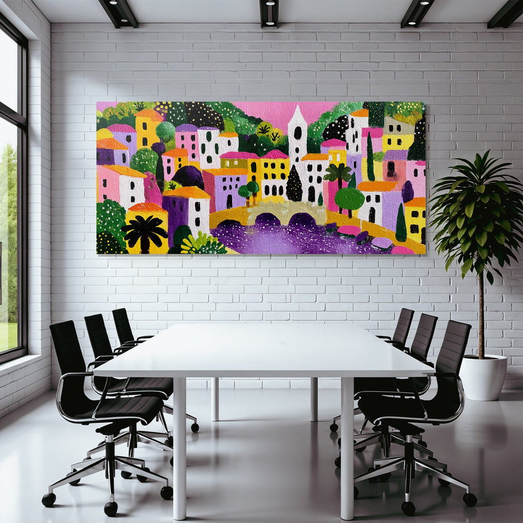 Buntes Dorf Szenenbild Mit Brücke Und Uhrturm