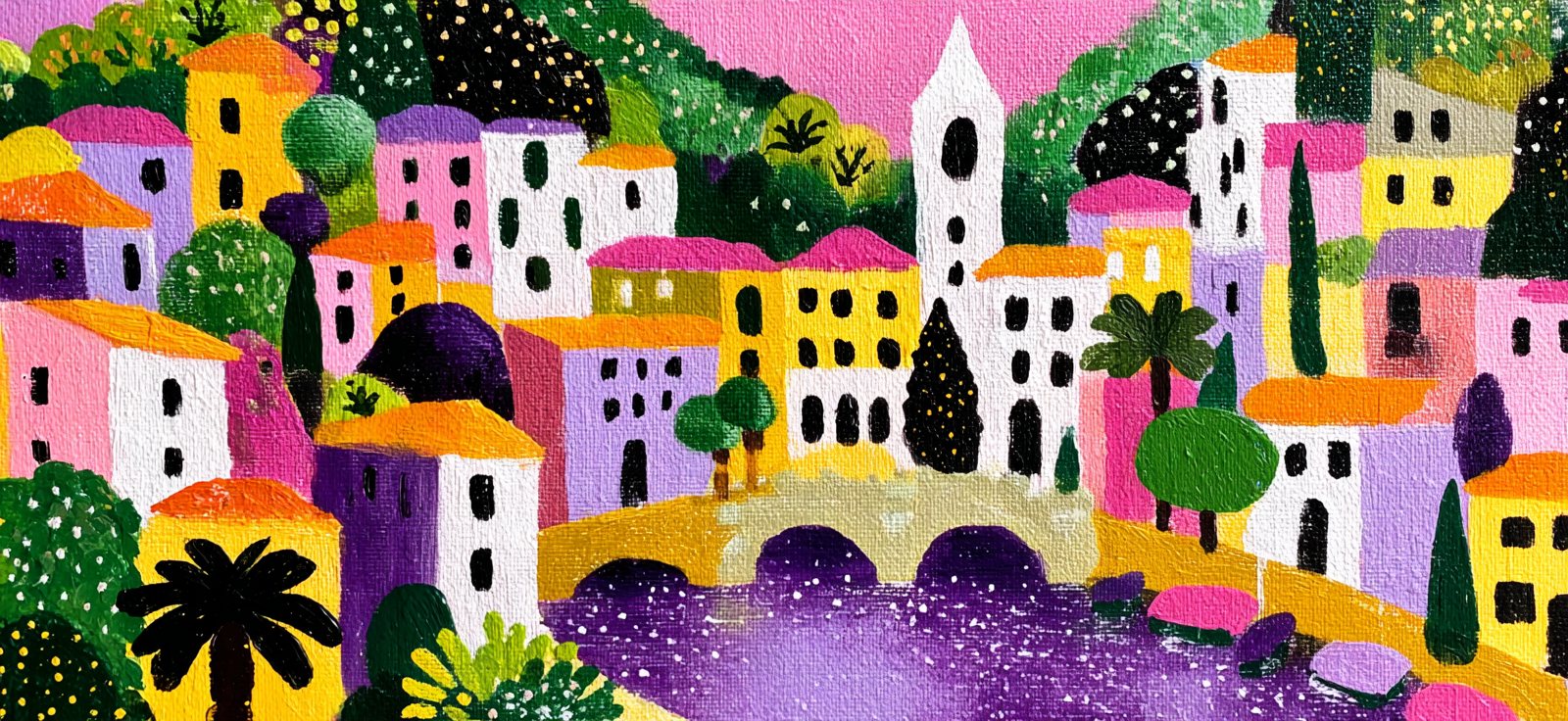 Buntes Dorf Szenenbild Mit Brücke Und Uhrturm | Gruen Rosa Orange Lila | Farbenwelten
