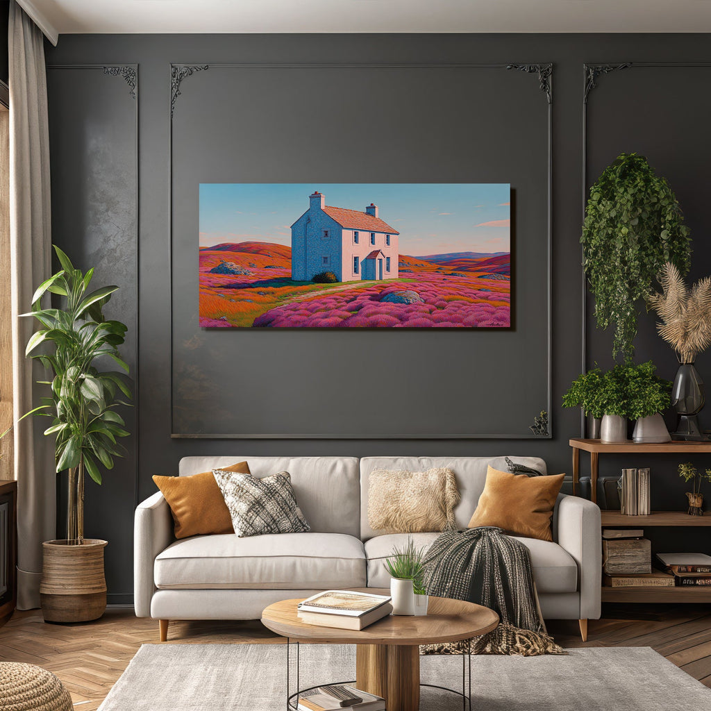 Buntes Haus Umgeben Von Pinkfarbenen Feldern Und Hügeln