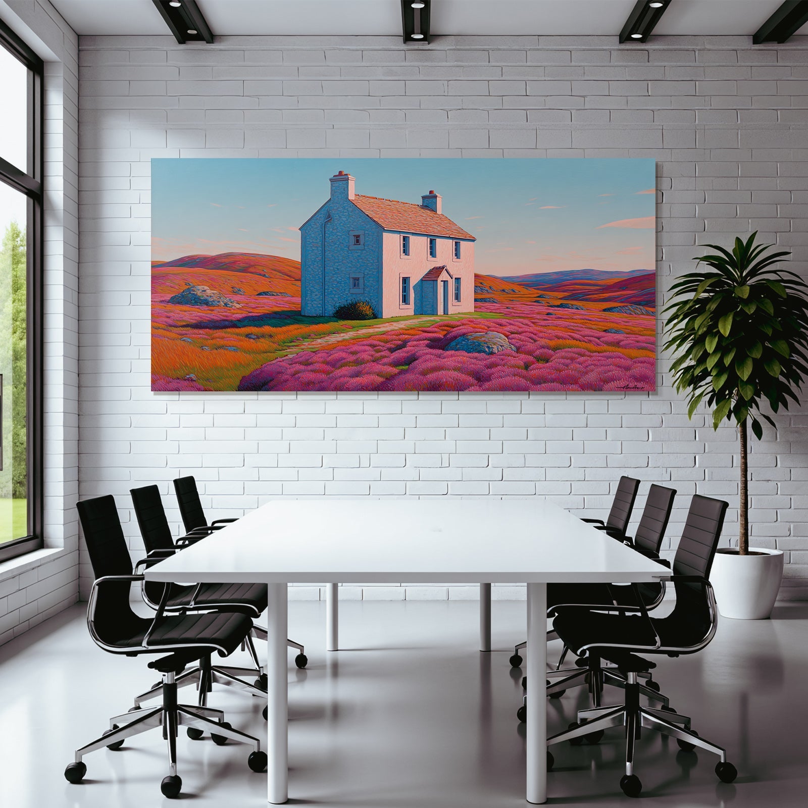 Buntes Haus Umgeben Von Pinkfarbenen Feldern Und Hügeln