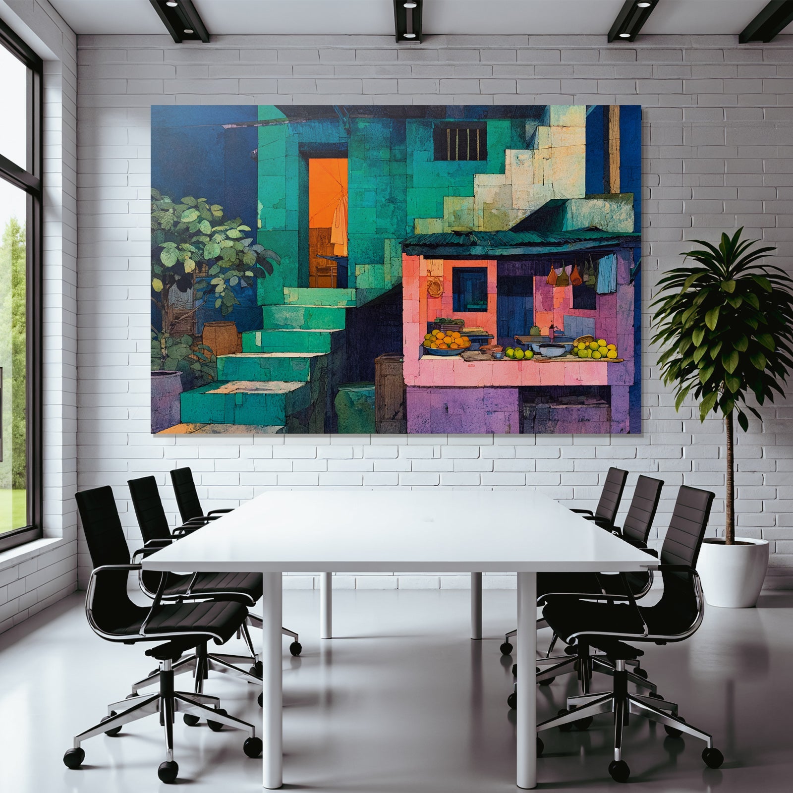 Buntes Kunstwerk Von Einem Gebäude Mit Marktplatz Obst Und Treppen
