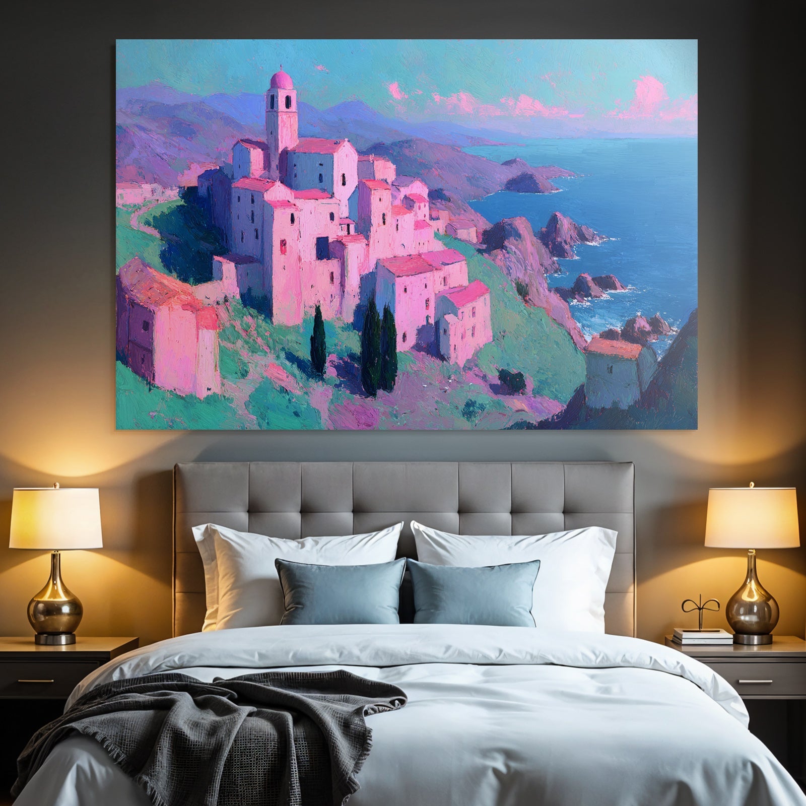 Coastal Village Mountains Und Meer Bunte Malerei