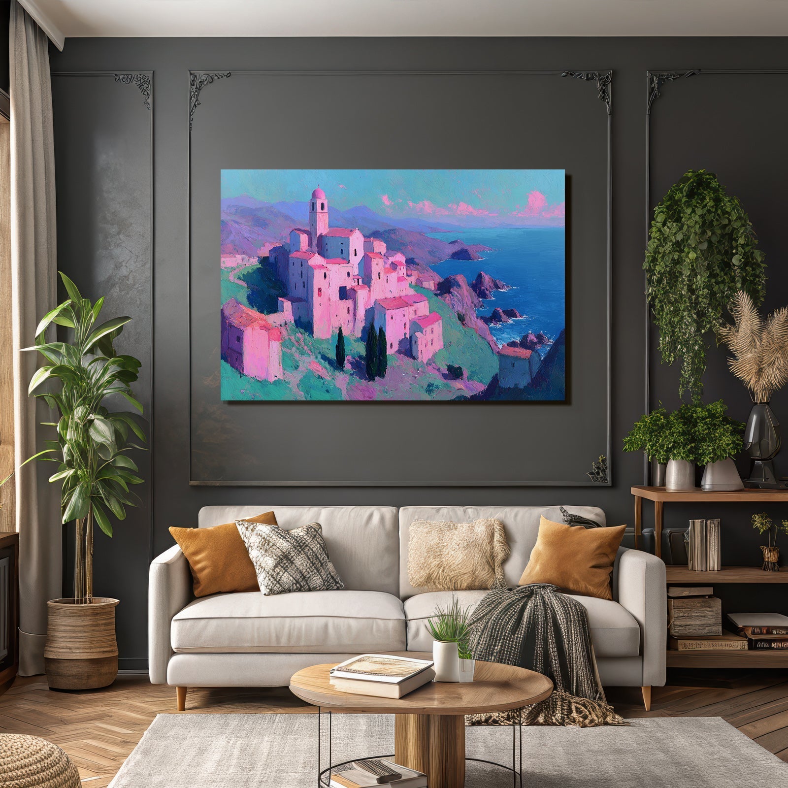 Coastal Village Mountains Und Meer Bunte Malerei