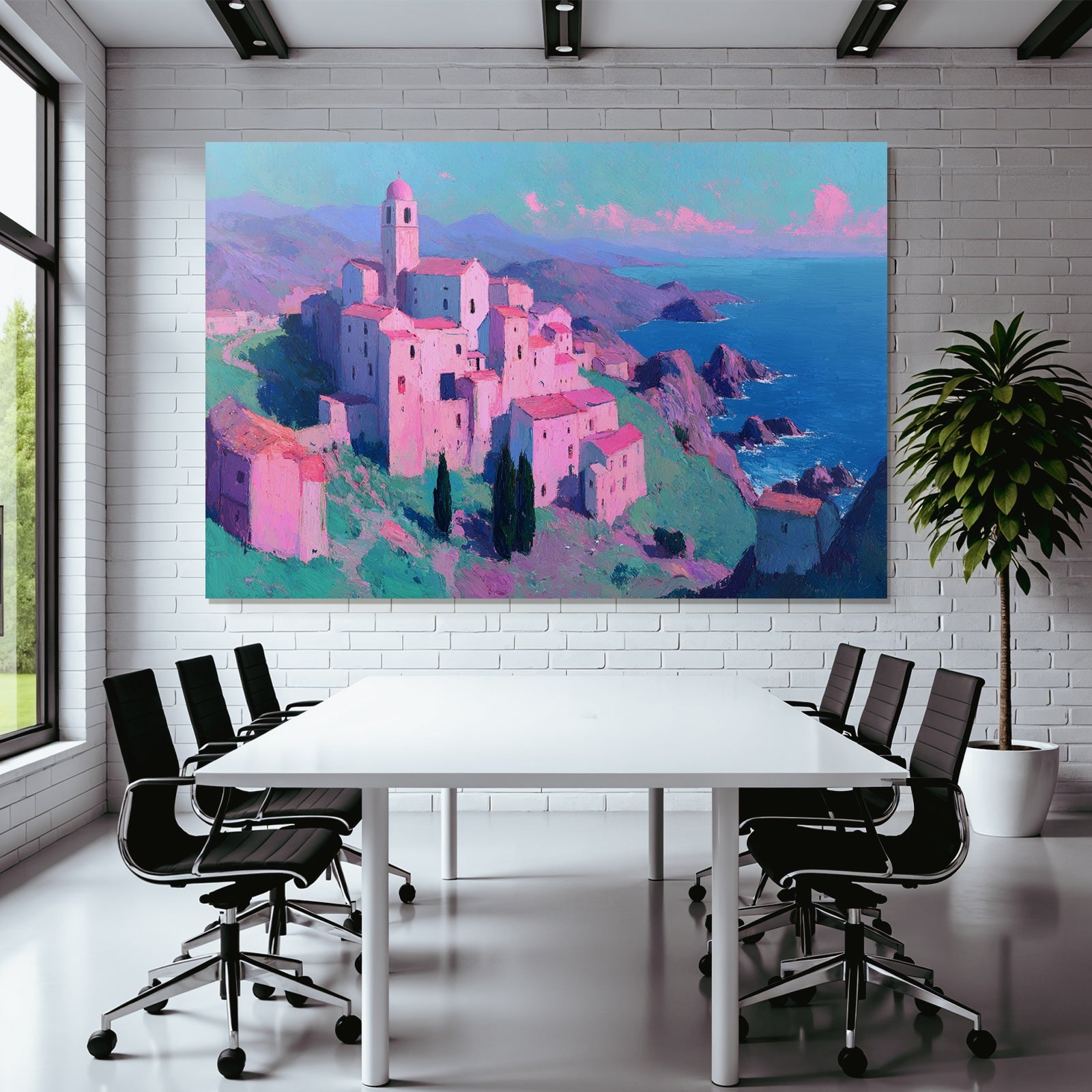 Coastal Village Mountains Und Meer Bunte Malerei