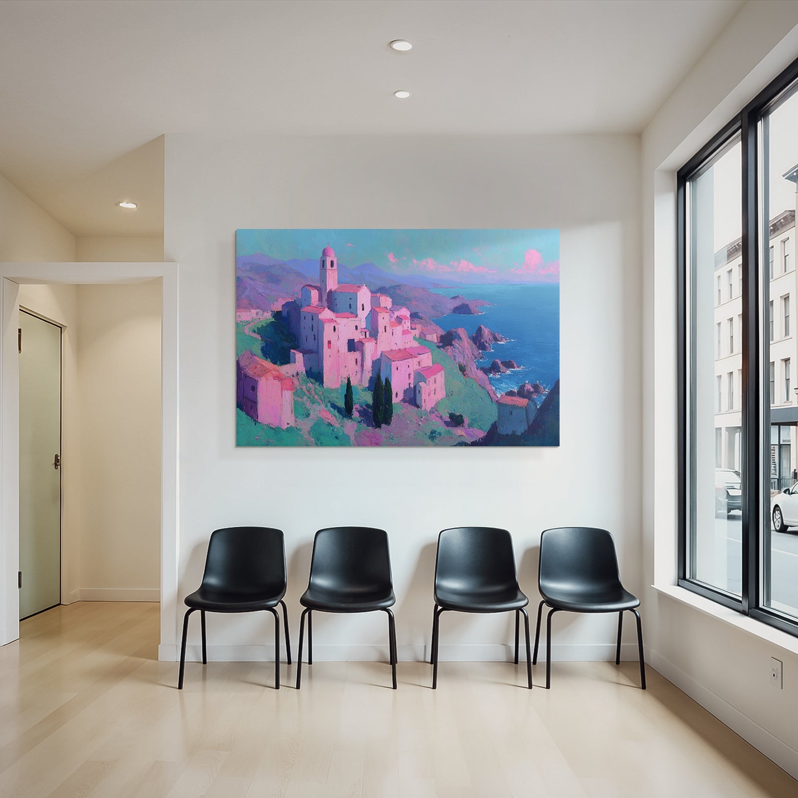 Coastal Village Mountains Und Meer Bunte Malerei