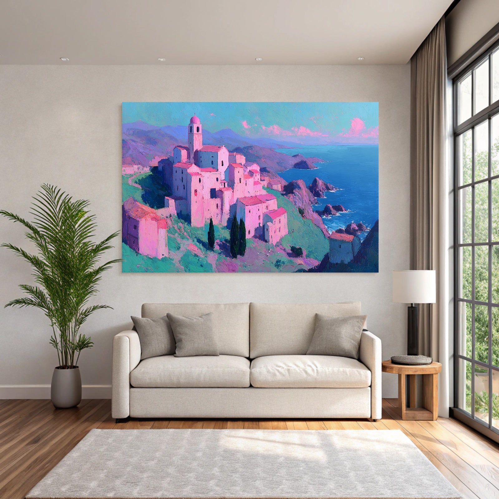 Coastal Village Mountains Und Meer Bunte Malerei