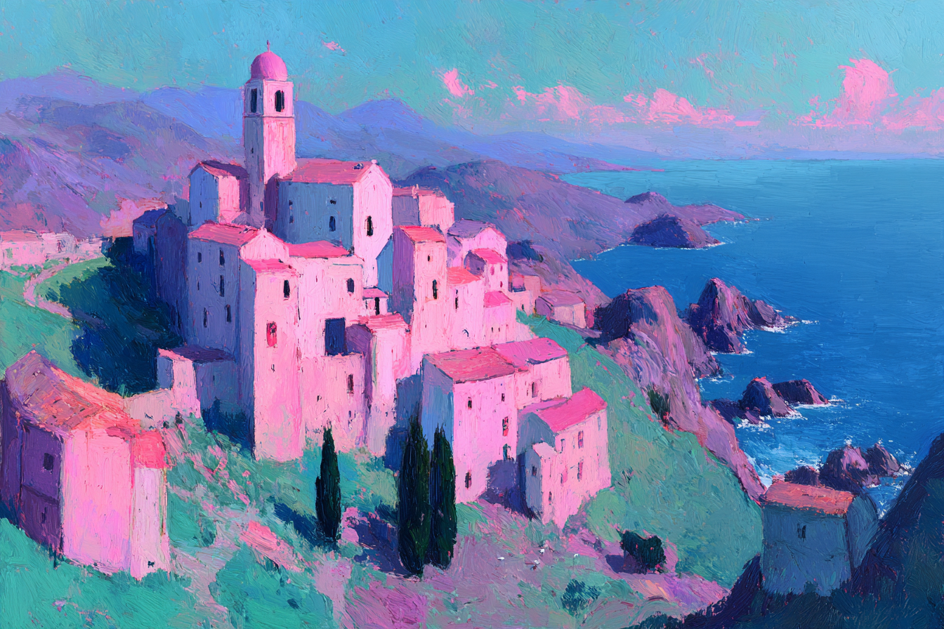 Coastal Village Mountains Und Meer Bunte Malerei | Gruen Rosa Orange Lila | Farbenwelten