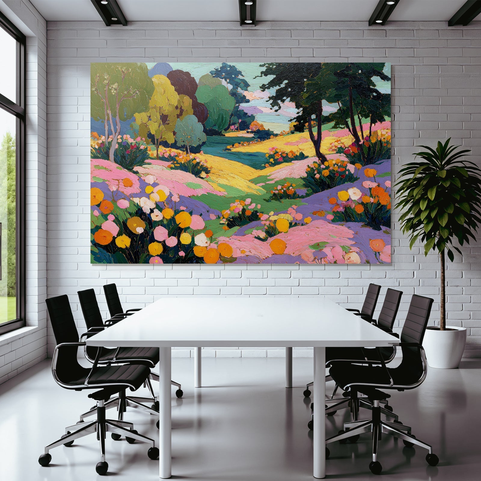Farbenfrohes Landschaftsgemälde Mit Blumen Und Bäumen
