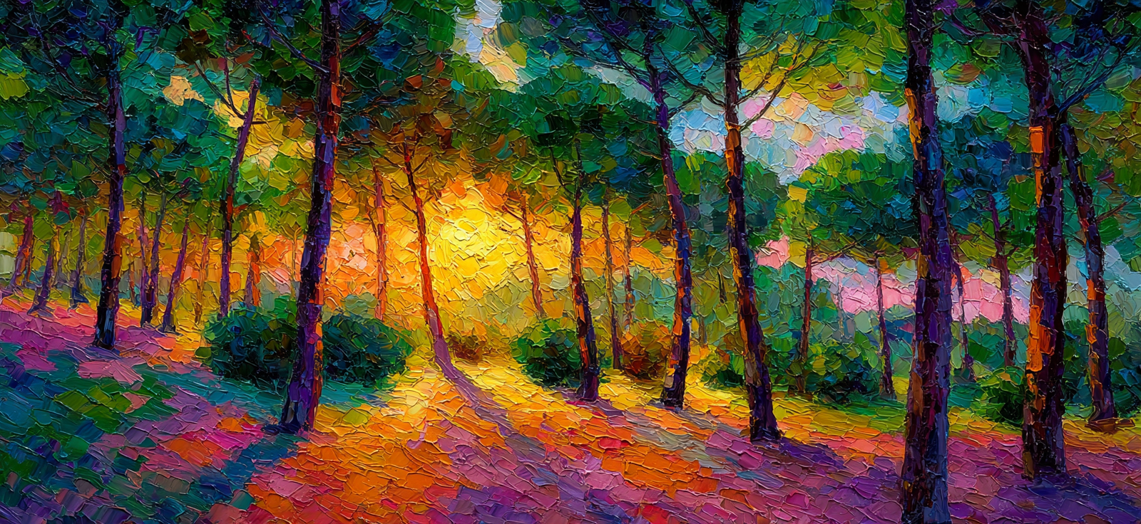 Farbenfrohes Waldszene Mit Sonnenlicht Und Textur | Gruen Rosa Orange Lila | Farbenwelten