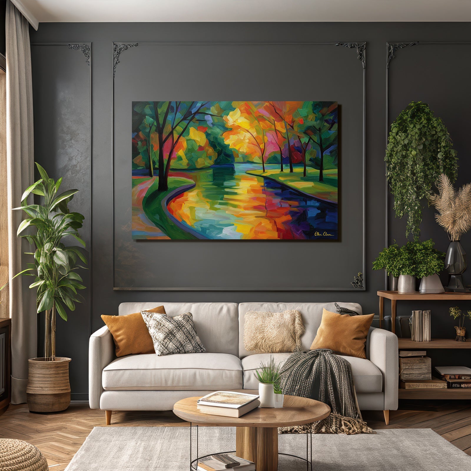 Herbstlandschaft Mit Bäumen Und Fliessendem Wasser