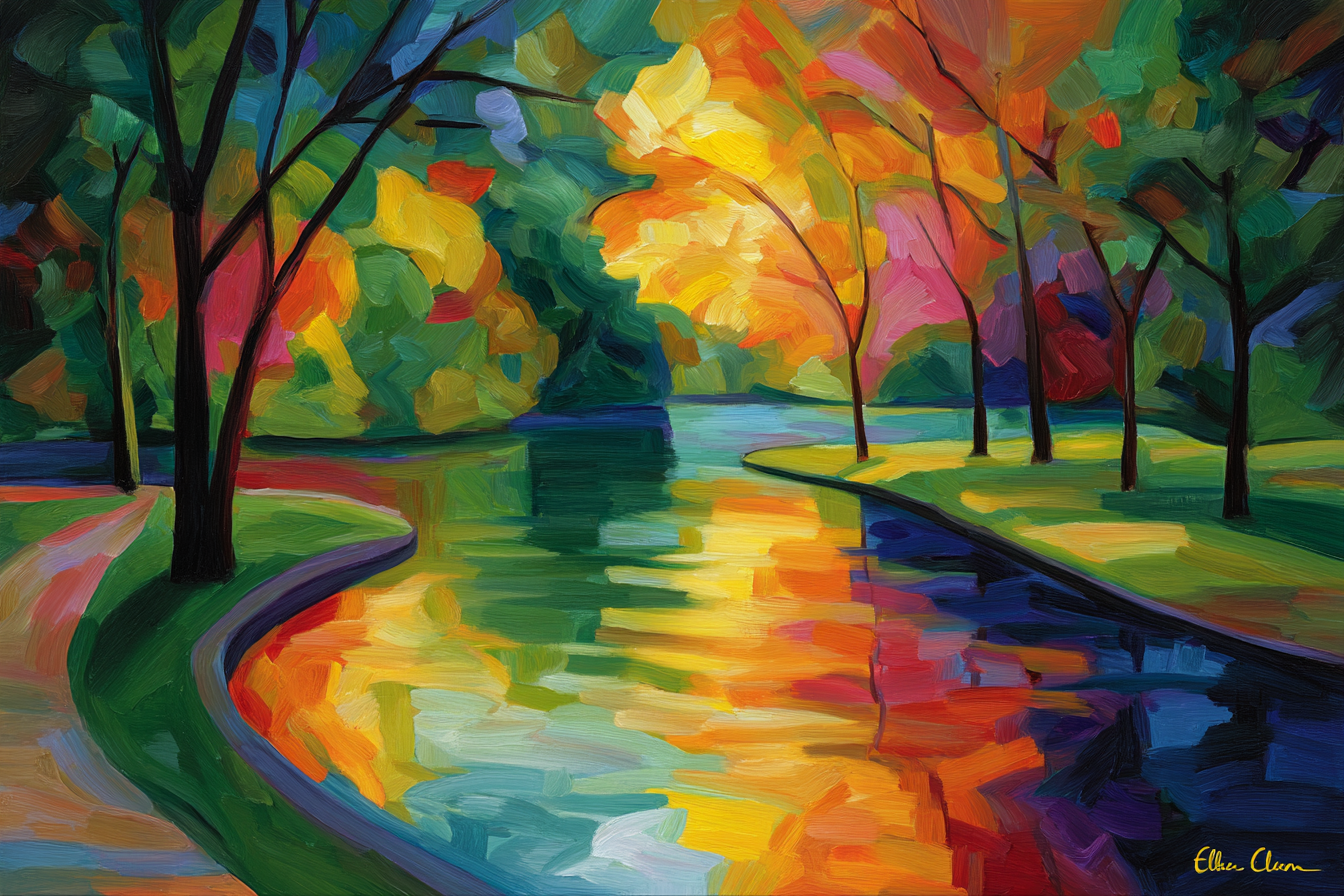 Herbstlandschaft Mit Bäumen Und Fliessendem Wasser | Gruen Rosa Orange Lila | Farbenwelten